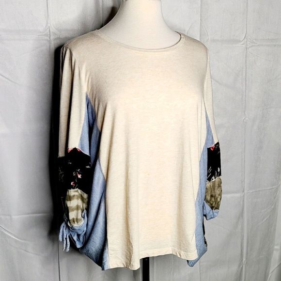 Woman's Style & Co. Patchwork Sleeve Cream Top M - Picture 2 of 7